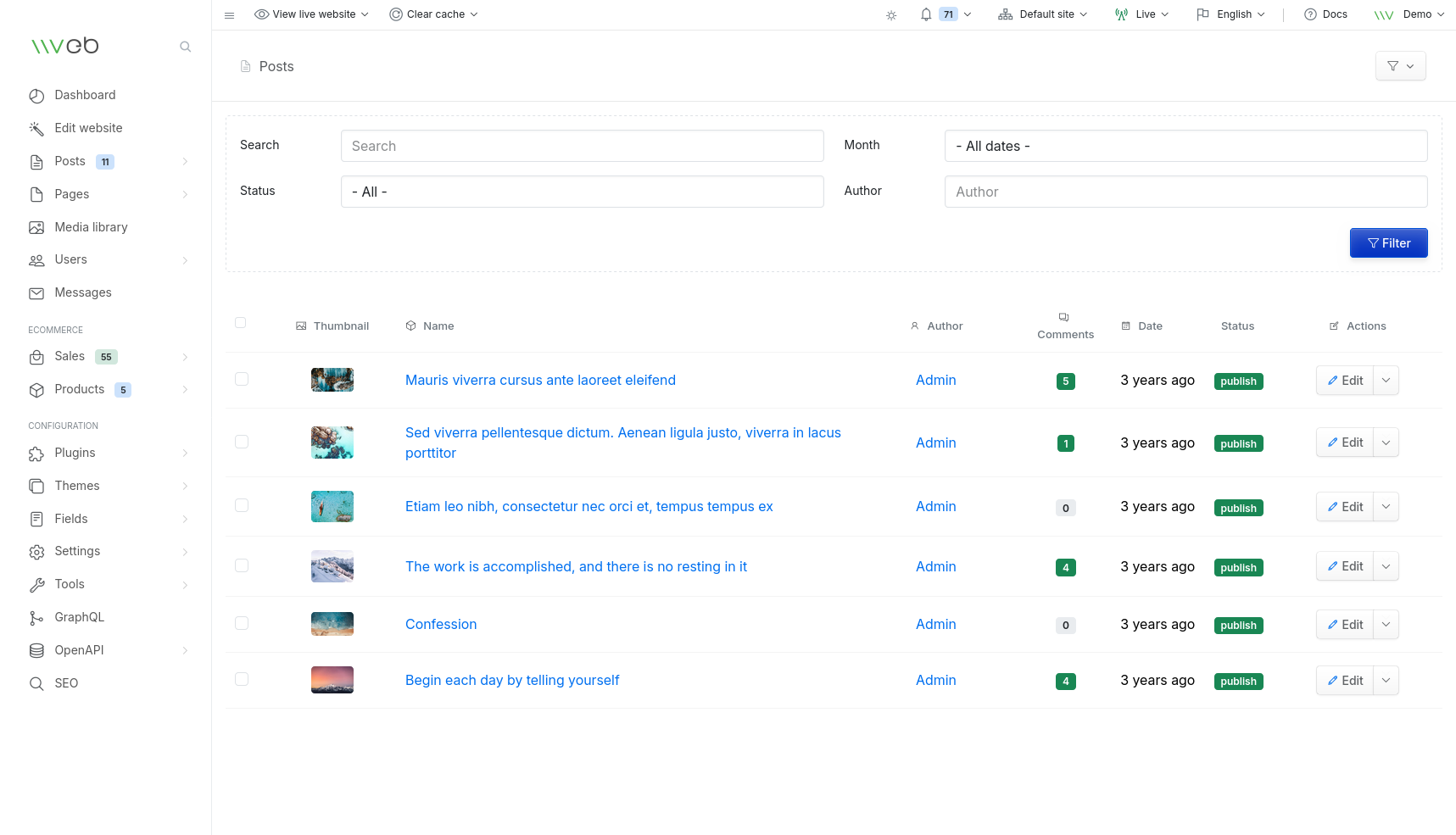Pages filters